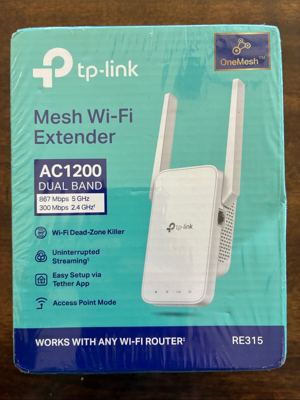 TP-Link Mesh Wi‑Fi Extender RE315 in White and Teal Packaging